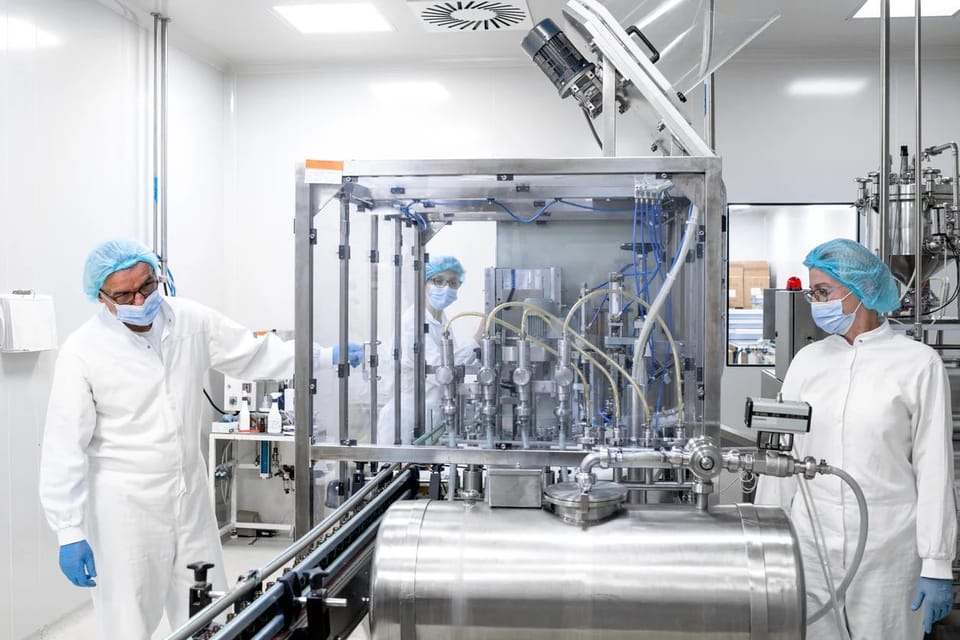 Technicians in cleanroom gowns operating a stainless-steel vial filling line